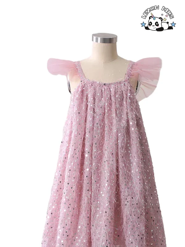 LEZONKIDS - Produto Novo da OEM Explosão Personalizado Sem Manga Rosa Brilho Lantejoulas Princesa Vestido para Menina